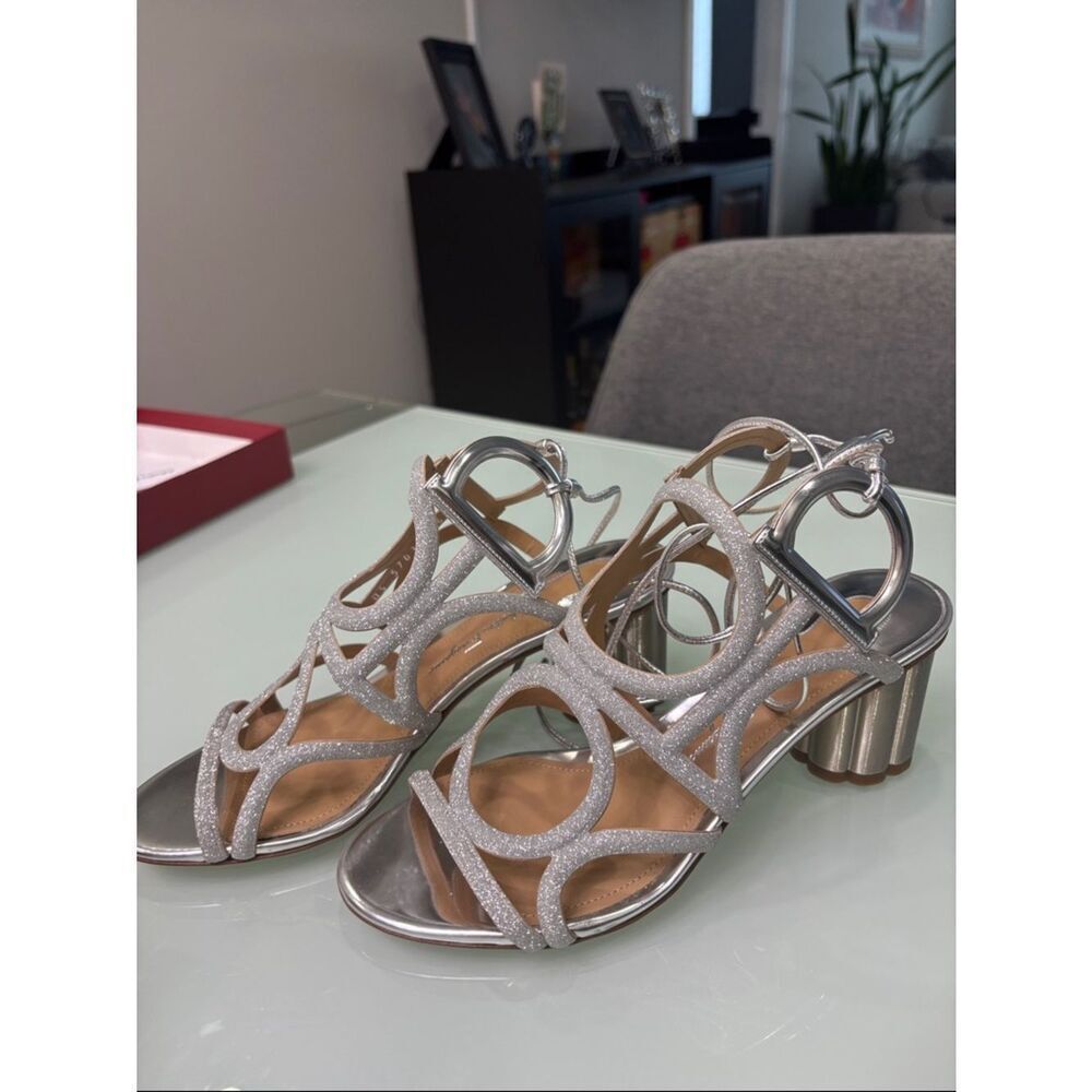 Salvatore Feregamo Silver Glitter Strappy Women’s Sandals made in Italy
